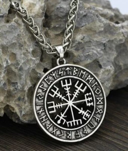 New Mens Norse Viking Rune Vegvisir Compass Pendant Necklace Stainless Steel - Picture 1 of 3