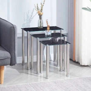 Nest of 3 Tempered Glass Side End Sofa Tables Nested Tables Stainless Steel Legs - Picture 1 of 21