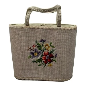 Vintage 1950’s Needlepoint Embroidered Tapestry Floral Purse Granny Cottage Core - Picture 1 of 18