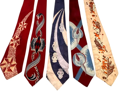 Lote de 5 corbatas vintage para hombre de la década de 1940 | Corbatas novedosas Swing Era Silk Rayon MCM Foto 1 de 4