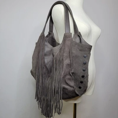 Hammitt Los Angeles Fringe Shoulder Bag Gray Suede Leather Tote Boho Designer - Image 1 of 4