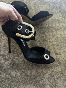 MANOLO BLAHNIK black leather silver metal Buckle heels sandals Italian size 36 - Picture 1 of 9