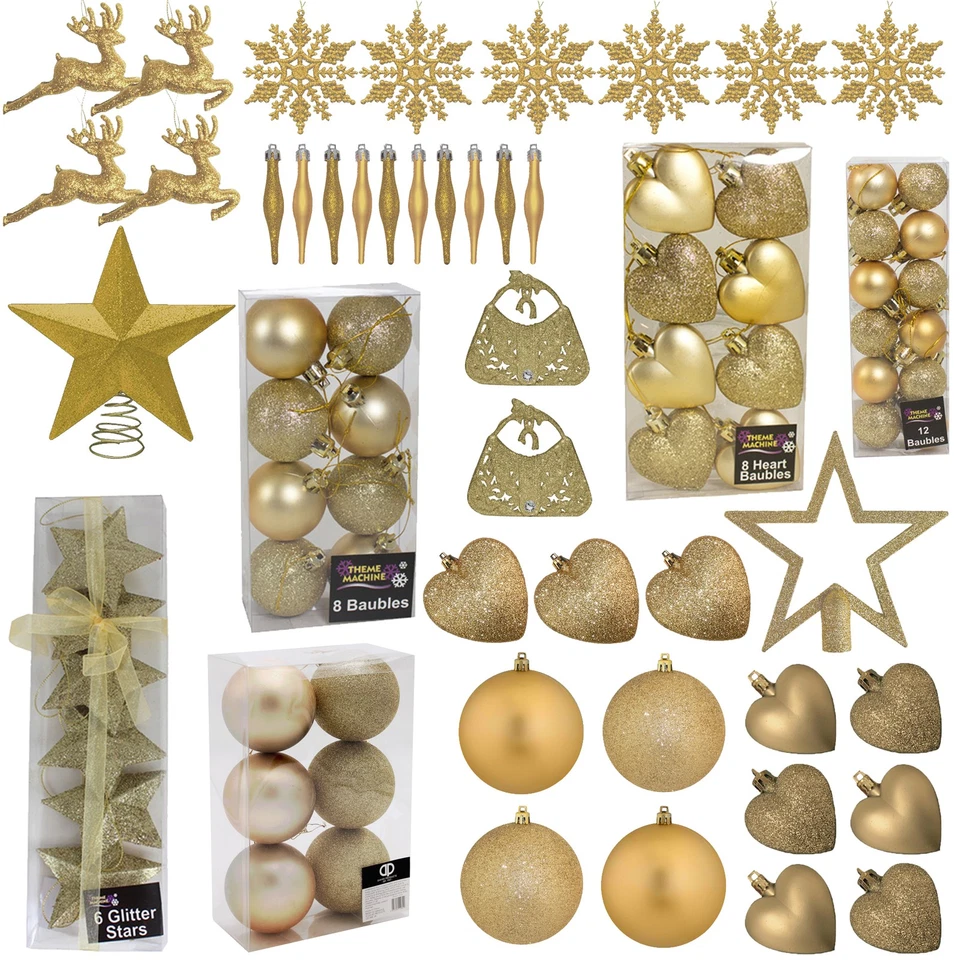 DAVIES PRODUCTS Christmas Gold Decoration Glitter / Plain Baubles Hearts Droplets