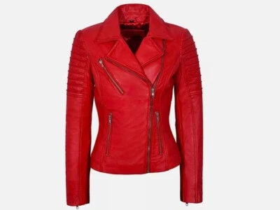 Women's Leather Jacket Red Fashion Designer 100% Real Leather Biker Coat Jacket - Image 1 of 4