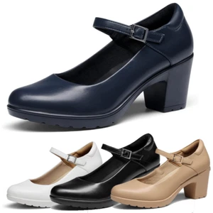 Women Wide Size Low Chunky Heel Ankle Strap Round Toe Dress Pump Shoes - Picture 1 of 30