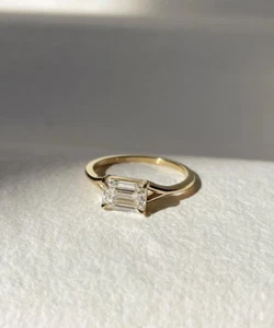 1ct Emerald Cut Real Moissanite Solitaire Anniversary Ring 14k Yellow Gold Over - Picture 1 of 9