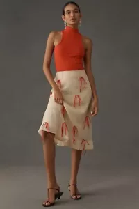 Maeve Ribbon Pencil Midi Skirt Anthropologie Cream Tulle Red Bow Ties Size 4 NEW - Picture 1 of 4