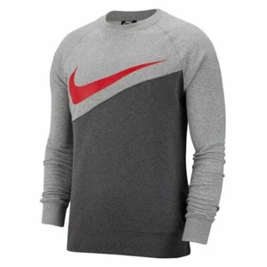 Nike Sportswear Men's Swoosh Cotton Crew Neck Pullover Sweatshirt Grey Red - Picture 1 of 2