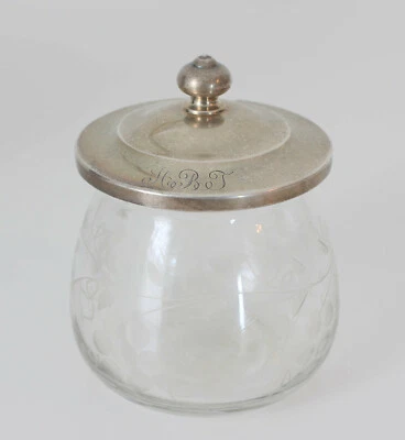 S Kirk and Son Sterling Silver Lid On Etched Glass Sugar Jar Monogrammed  - Image 1 of 4