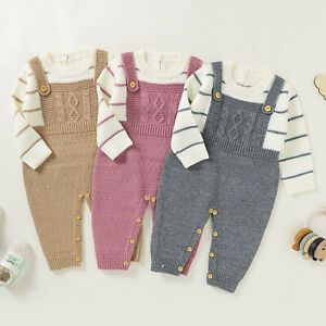 Baby Infant Girl Boy Long Sleeve Striped Knitted Sweater Romper Jumpsuit Outfits