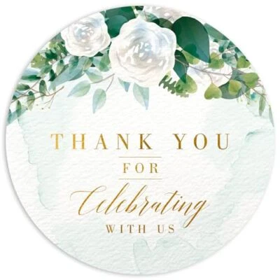 Pegatinas florales blancas gracias por celebrar con nosotros | 2 pulgadas | Lámina de oro |  Foto 1 de 4