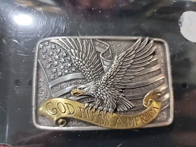 Nocona God Bless America Eagle Buckle In Box Western Patriotic Brass Silver - Image 1 of 2