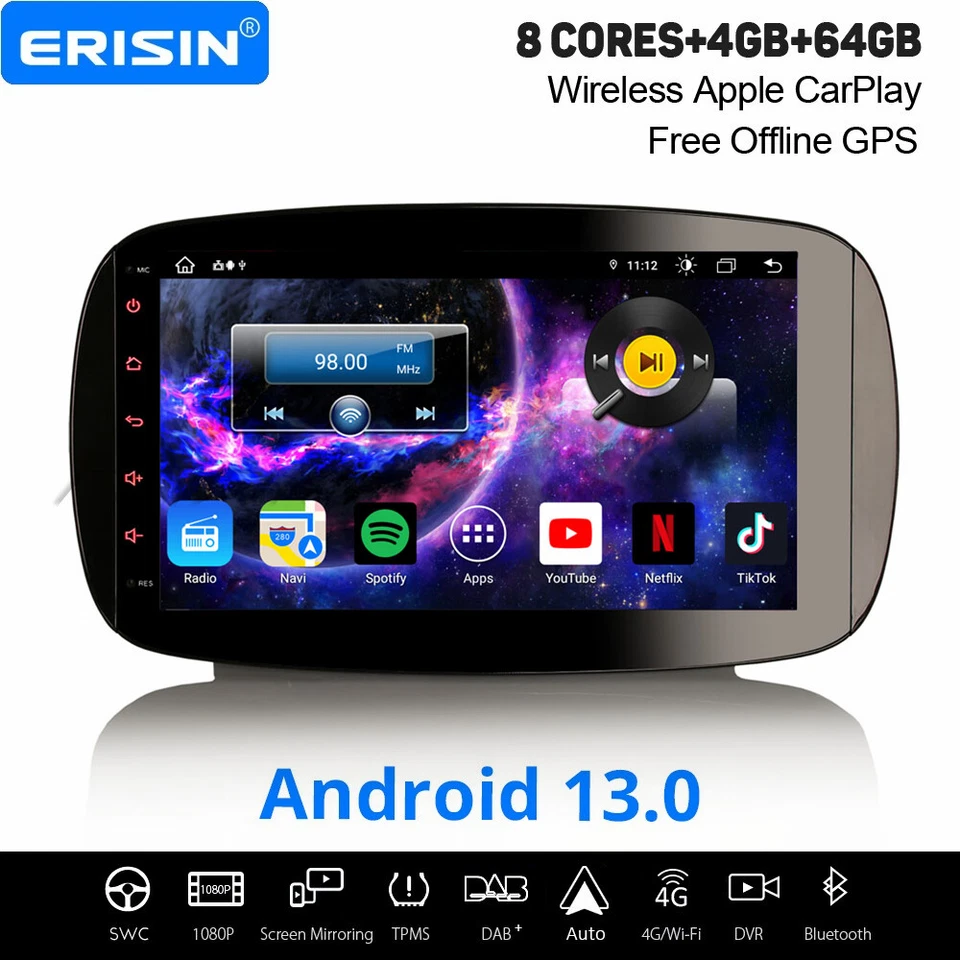 9" 4GB+64GB CarPlay Android 14 DAB+ Autoradio Navi 8-Kern BT WiFi Mercedes Smart - Bild 1 von 4