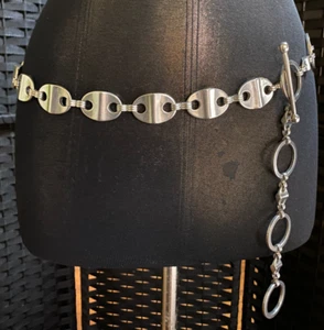 HEAVY SILVER METAL Thick Disc CHAIN BELT Large 33" - 40" Waist Industrial Modern - Picture 1 of 7