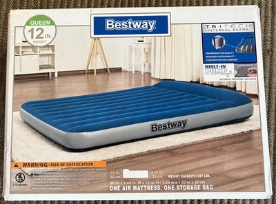 BESTWAY TRITECH 12" QUEEN AIR MATTRESS W/ BUILT IN PUMP *DISTRESSED PKG - Image 1 of 4