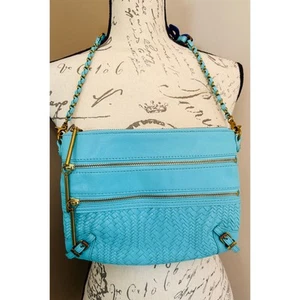 Borsa a tracolla pochette Bali in pelle blu turchese 3 zip di Elliot Lucca usata in ottime condizioni - Foto 1 di 14