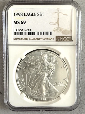 1998 $1 AMERICAN SILVER EAGLE NGC MS69 CLASSIC BROWN LABEL #AP22 - Image 1 of 2