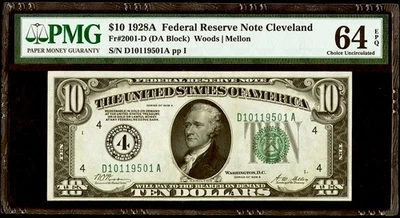 1928 A $10 Federal Reserve Cleveland PMG 64 EPQ Serial # D10119501A Numerical - Image 1 of 2