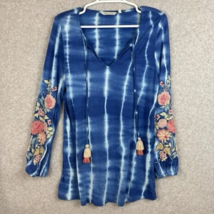 Weiche Umrandung Tunika Top Damen Gr. M blau Blumen bestickt Batik Boho - Bild 1 von 6
