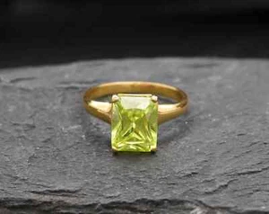 3.00 Ct Emerald Cut Real Peridot Engagement Wedding Ring 14K Solid Yellow Gold - Picture 1 of 13