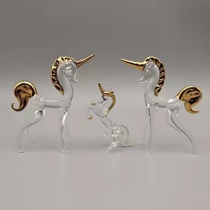 Klarglas Einhörner, Goldakzente, 3 Stück, Fantasy Pferd Figuren, 2-2,75 Zoll - Bild 1 von 22
