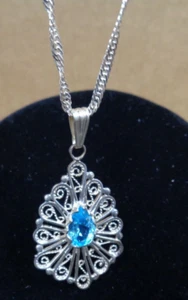 ESTATE JEWELRY .925 Sterling ITALY Turquoise Blue Pendant Twisted Necklace 24" L - Picture 1 of 11