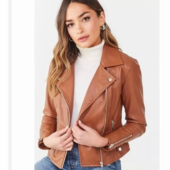 Women's Faux Leather Biker Jacket Tan Size Medium - Image 1 of 4