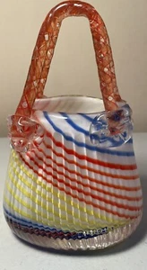 Vintage Art Hand Blown Glass Murano Style Purse Handbag Vase 8.5” Tall - Picture 1 of 4