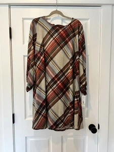 (A) NWT! Madison Leigh Dress Womens 18W Fall Colors Plaid Browns Red With Scarf - Picture 1 of 7