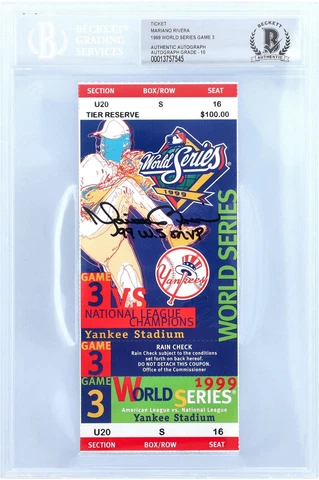 Mariano Rivera Yankees Signed 1999 WS Game 3 Ticket w/WS MVP Insc-BAS 10 Cover