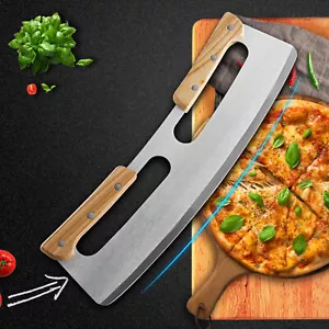 Stainless Steel Pizza Cutter Rocker Slicer Knife with Blade Cover Wooden Handle - Picture 1 of 13