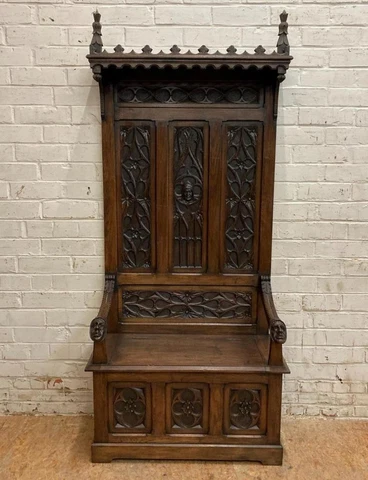 Antique French Gothic Revival Oak Wood Hall Bench/Chair Cover
