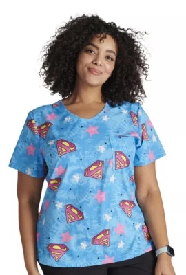 NWT Supergirl Cherokee Scrubs Tooniforms DC Rounded V Neck Top Large - Image 1 of 3