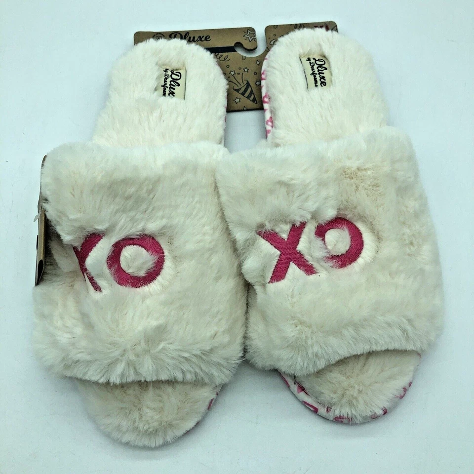 Dluxe Dearfoams XO Plush Fur White Pink Memory Foam Slippers Size XL 11/12 Women