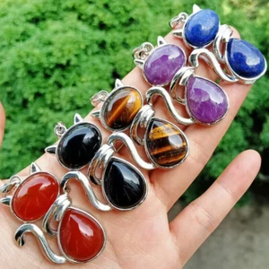 Natural Gemstone Cat Pendant Chakra Reiki Healing Stone Jewellery Gift - Picture 1 of 19