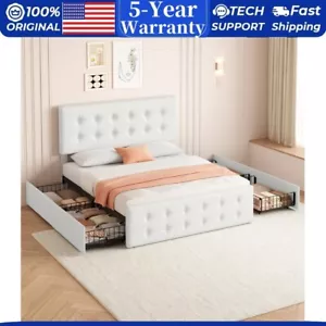 🔥Queen Bed Frame W/4 Storage Drawers Headboard Upholstered Platform Faux Leathe - Picture 1 of 10