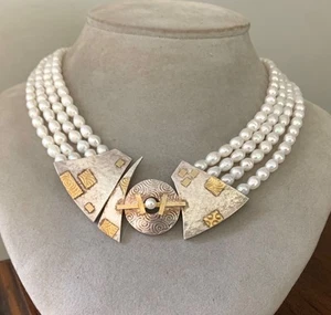 Vintage ANNE BESSE SHEPHERD Artisan Sterling Silver & 14K Gold Pearl Necklace - Picture 1 of 15