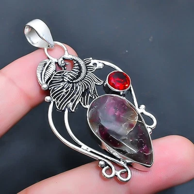 Pingente de joia de pedra preciosa feito à mão em granada lepidolita 2,46" v368 - Imagem 1 de 3