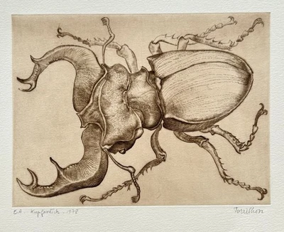 Tony Torrilhon - Hirschkäfer + Autograph mit Kupferstich Blumen, 1978 - Bild 1 von 4