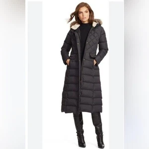 Maxi abrigo de plumón Ralph Lauren imitación piel capucha ribete XS - Imagen 1 de 8