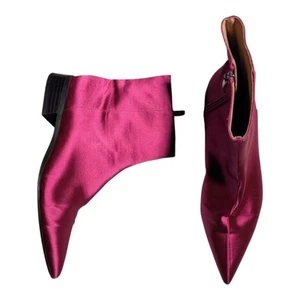 Zara Fuchsia Pink Satin Knife Pointed Toe Mod Go-Go Ankle Boots EU 37 US 6.5 - Picture 1 of 6