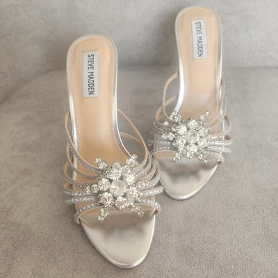 Steve Madden sandals 6 silver Pamola embellished rhinestone glass heels new $120 - Image 1 of 4