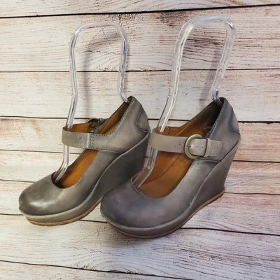 Kork-Ease Yuli EU 37 US 6.5 Creta Gray Leather Platform Mary Jane Wedges Shoes - Image 1 of 4