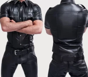 Mens Genuine Leather Cowhide Gay Police Uniform Shirt Cowhide Bluff Shirt - Picture 1 of 4