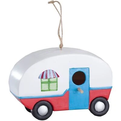 Glamper Camper Trailer Birdhouse Hanging Tabletop Resin Red White Blue Retro - Image 1 of 3