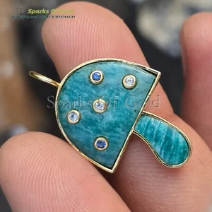 Amazonite Mushroom Pendant 925 Silver Gold Vermeil Blue & White Sapphire Jewelry - Picture 1 of 4