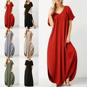 Ladies Womens Casual Oversized Side Pockets Kaftan Side Split Maxi Long Dresses - Picture 1 of 7