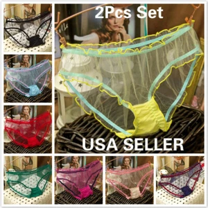 2Pcs Mesh Lingerie Ultra-thin Underwear Transparent Lace Knicker Women Panties - Picture 1 of 17