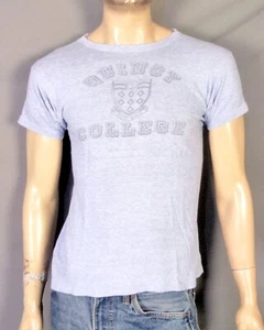 vintage 70s Champion Blue Bar T-Shirt Quincy College NCAA 88/12 Rayon Blend S/M - Picture 1 of 8