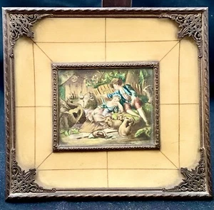 ANTIGUO CUPÓN MINIATURA GRABADO, LATÓN, MARFIL/VIDRIO ENMARCADO, c1920 g - Imagen 1 de 4